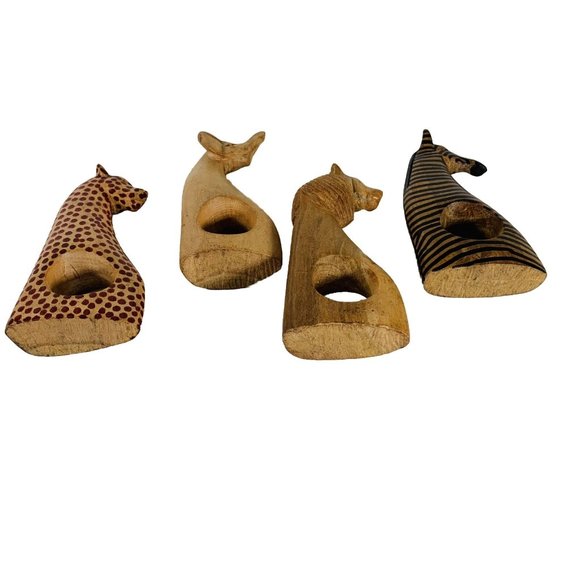 Wooden Carved Safari Animals Napkin Rings 4 Holder Zebra Leopard Tiger Elephant - Picture 8 of 16